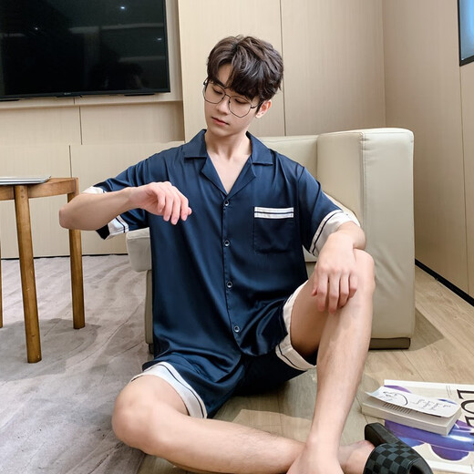 莫代尔高端新款男式睡衣夏季短袖短裤冰丝薄款凉感家居服大码套装夏天男 3899浅灰色 XL (体重141到160)