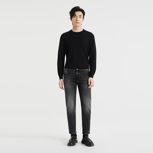Lilang four-sided elastic jeans men's low waist narrow feet nine-point pants autumn 2025 new elastic men's pants black (24QNZ13701) 33 (175/84A)