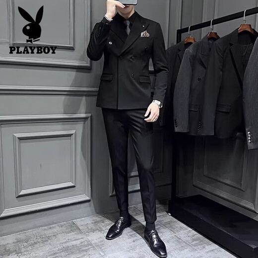 Playboy (PLAYBOY) high-end double-breasted suit men's suit business casual formal British style groom wedding dress three-piece set medium gray (suit + vest + trousers) XL 52