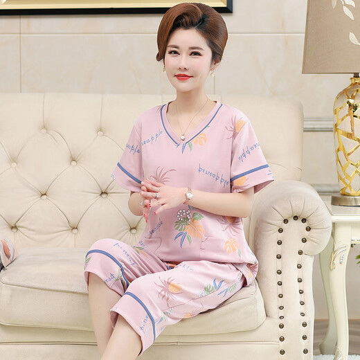 
Victoria's style middle-aged mother pajamas for women in summer pure cotton short-sleeved home clothes middle-aged and elderly thin cropped pants two-piece set Y3937 2XL