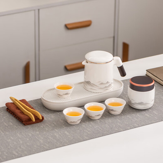 Travel tea set high-end and convenient one pot four cups mutton fat jade Kung Fu tea set complete gift box gift box ink eagle beak one pot four cups blue oval plate towel holder