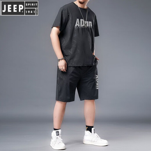 JEEP SPIRIT large-size ice silk sportswear suit for men in summer fat man plus fat plus larger quick-drying shorts shorts short sleeves T-shirt casual men's clothing black 826 set 2XL Recommended 140-160Jin [Jin equals 0.5 kg]