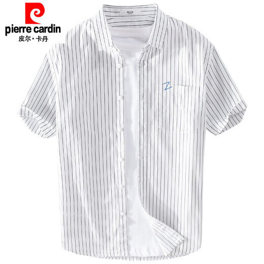 皮尔卡丹（pierre cardin）男士条纹短袖衬衫夏季宽松薄款衣服含棉刺绣休闲百搭衬衣夏装针织 9738蓝色条纹 M 100斤左右