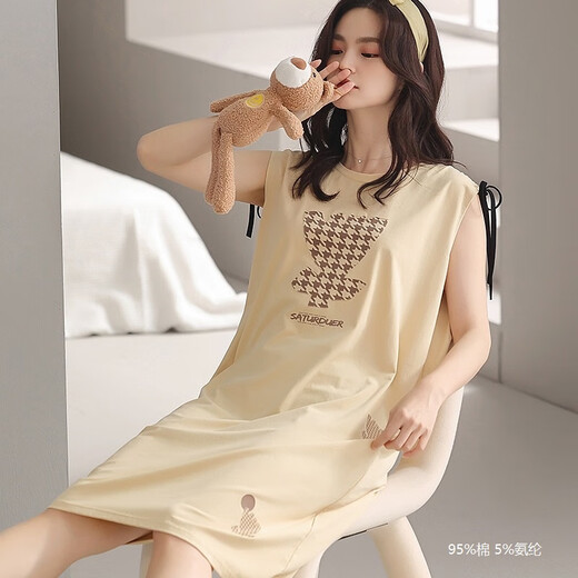 恒源祥睡裙女圆领短袖中长款连衣裙夏天开叉蕾丝纯棉卡通图案睡衣 15602 M 160/M