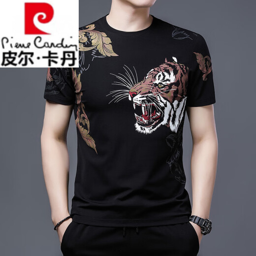 皮尔卡丹（pierre cardin）高端中国风老虎头潮流男士短袖T恤时尚印花大码男打底衫半袖宽松 829黑色字母 M 建议100-115斤内