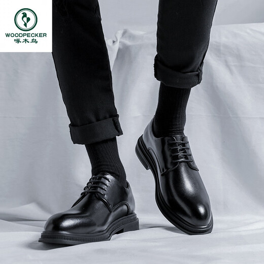 Woodpecker niche imitation leather casual shoes spring business formal leather shoes inner heightened suit wedding groom shoes lace-up inner heightened M4882 black 43