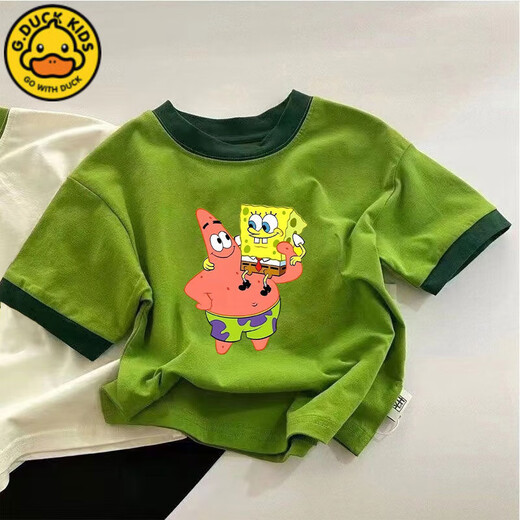 G.DUCKKIDS男童女童纯棉短袖T恤夏季新款卡通海绵宝宝半袖儿童洋气上衣t 673绿色【派大星抱 海绵宝宝】 130