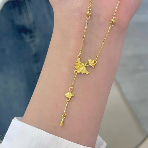 Libiao 5G gold ginkgo leaf necklace for women 999 pure gold Sansheng apricot set chain new leaf tassel gold necklace gold ginkgo leaf necklace about 7.8 grams