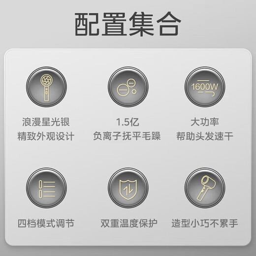 Midea Hair Dryer Home Portable Hair Dryer Negative Ion Does Not Harm Hair High Power Constant Temperature Quick Drying High Wind Hair Dryer Men and Women Couple Holiday Birthday Goddess Gift 1600W+150 Million Negative Ions Starlight Silver