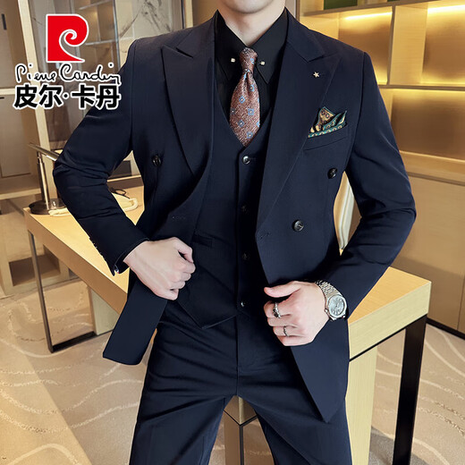 Pierre Cardin groom wedding suit men's peak lapel slim fit dress business professional formal double-breasted suit men Zhangqing three-piece suit 2XL (suitable for 141-154Jin Jin equals 0.5 kg)
