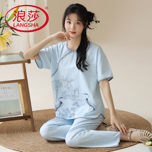 
LangSha (LangSha) New Chinese Style Pajamas for Women in Summer New Short-Sleeve Trousers Fashionable and Fashionable Pajamas Home Clothing Set G9904 [Short-Sleeve Trousers] M Recommended 75Jin[Jin equals 0.5 kg]-95Jin[Jin equals 0.5 kg]