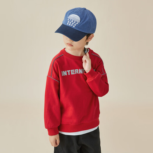 Duojia Boys' Round Neck Pullover New Year's Sweater Spring and Autumn Trendy Reflective Printed Long Sleeve Children's Casual Top with Drop Shoulder Sleeves