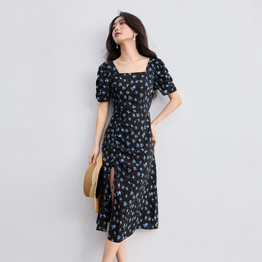 Vestido francés de Champui la para mujeres en el cuello cuadrado de verano manga retro lunares pleated slit a-line falda fondo negro flor m