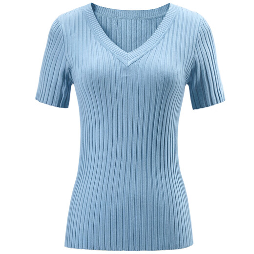 
Yanyu women's summer 2019 new European and American V-neck short-sleeved thin sweater slim and versatile short top for women blue S