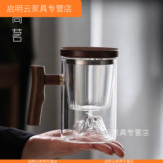 XMSJ优质个人专用泡茶杯茶水分离男士带把喝茶水杯玻璃日式茶道杯子 升级9194鸿崖件杯榉木450 升级200mL(含)-400mL(含)