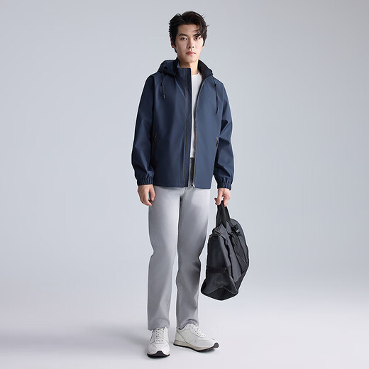 Lilang Light Fashion Men's Removable Hooded Jacket Men's Anti-Wrinkle Easy-Care Youth Commuting Casual Jacket Navy (2K) XL (175)