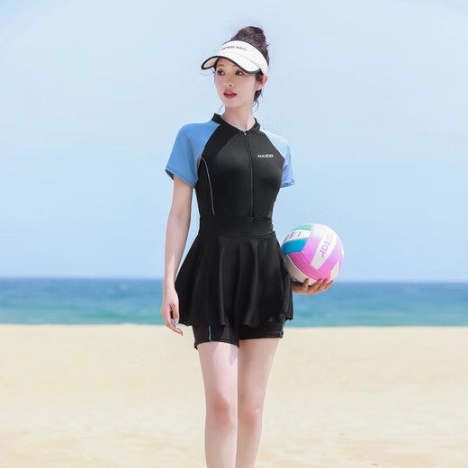 Hot spring swimsuit women's high-end color blocking sports swimsuit body dress style flesh covering to make it look slimming conservative swimsuit wholesale 6187 black gray M L-suggested 155-164c