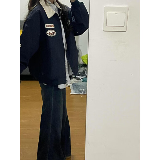 QuMile American Retro Flight Jacket for Men Spring and Autumn Couple Loose Design Baseball Clothes Handsome Lapel Jacket Navy XL