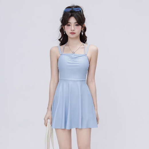 Bai Qixin women's swimsuit one-piece blouse three-piece set covers belly, arms, slimming and small breasts, Korean ins style hot spring blue swim skirt three-piece set, one size fits all (recommended 80-120 Jin Jin is equal to 0.5 kg)