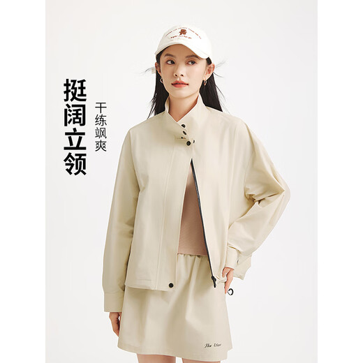 热风女士夹克外套上衣2025年秋季新款运动机能工装风立领拉链短外套 08杏色 S