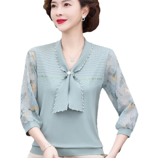 2025新款妈妈春装洋气纱袖上衣服中老年女春夏针织T恤薄款打底衫 蓝色6636 M （建议85-100斤