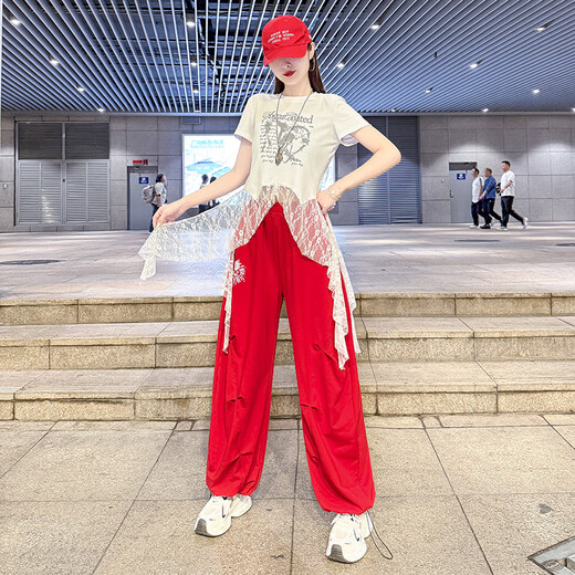 兔岚爵士舞服装女套装小个子itzy女团cake蹈表演kpop打歌服成人学生红 8827红色上衣+6627白色长.裤 M 【80-105斤】
