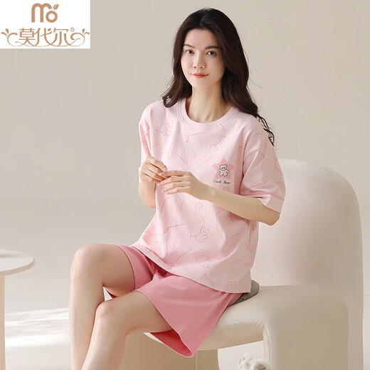 莫代尔（Madallo）夏季纯棉睡衣女士2025新款短袖女款家居服大码夏天套装可外穿薄款 A9856 奶茶小熊 M 80-100斤】