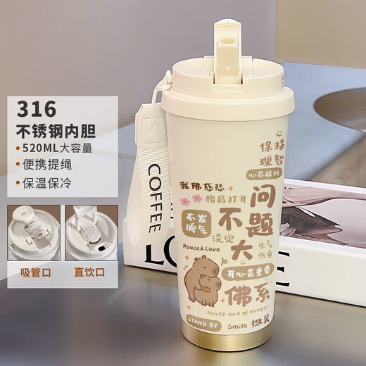 胖东来商场方舰店旗吸管保温杯果盈卡通情侣保温杯男女大容量运 不锈钢内胆-FA1276山+挂绳