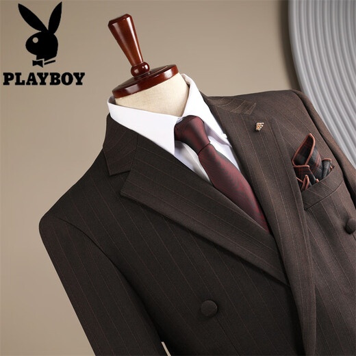 Playboy 2025 Winter Suit Men's Retro Striped High-Quality Double-breasted Suit Three-piece Formal Wedding Dress Retro Three-piece Suit XL 52