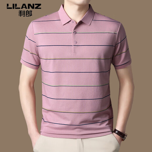 Lilang Light Luxury Mulberry Silkworm. Silk Short-sleeved T-shirt for Men's Summer Business Stripe Middle-aged Casual Lapel Half-sleeved Polo Shirt Blue /723 M 48 Suggested 95-115Jin [Jin equals 0.5 kg]