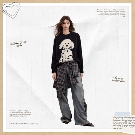 UNIFREE 25th Autumn Style Lazy Style Contrast Color Dog Pattern Vibrant Age-Reducing Loose Pullover Sweater Black One Size