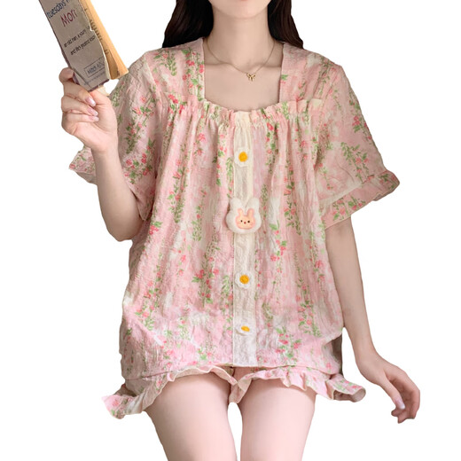 Hengyuan Xiangyun Baumwollpyjamas für Frauen im Sommer mit Brustpolstern, kurzen Ärmeln, losen großer Prinzessinstil-Studentin Student Home Clothing Set 9902-1 M (80-100Jin [Jin Equals 0,5 kg])