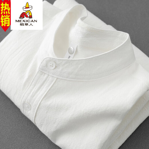 Scarecrow men's stand collar white short-sleeved shirt men's Japanese pure cotton round neck three-quarter sleeve T-shirt Henry collar textured shirt C1020-white-three-quarter sleeve XL Recommended 110-125Jin Jin equals 0.5 kg