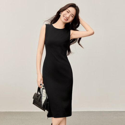 
Shangdubila [slim waist] 2025 autumn commuting round neck split slim waistless sleeveless vest small black dress dress