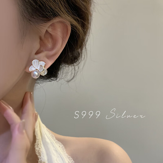 Ruihongxiang pure silver imitation pearl earrings, 999 sterling silver earrings, camellia earrings, French style high-end temperament earrings, 999 sterling silver earrings, white camellia pearl earrings