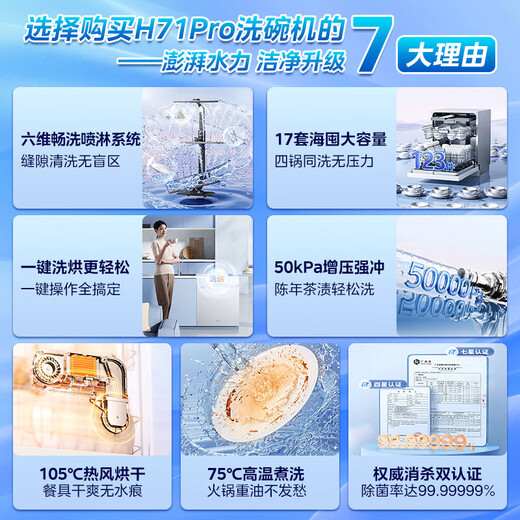 Hualing Shenji H71Pro dishwasher built-in 17 sets large capacity first-class water efficiency seven-star disinfection four-star disinfection 105 hot air drying one-click washing and drying storage three-layer Chinese bowl basket AIR17 produced by Midea