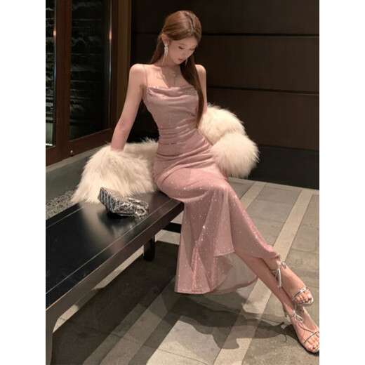 Quiero mover el club nocturno, la elegante falda larga sin cuello delgada, el vestido de fiesta de la cola de pescado delgada, rosa S (85-95jin [Jin iguala 0.5 kg])