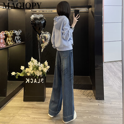 Magiopy International Luxury High-End-Marke Casual Sports Set Frauen 2025 Spring Fashion Cardigan Pullover Wide Legs Denim Hell Blue Pullover + Jeans S (100jin [Jin Equals Equals gond 0,5 kg])