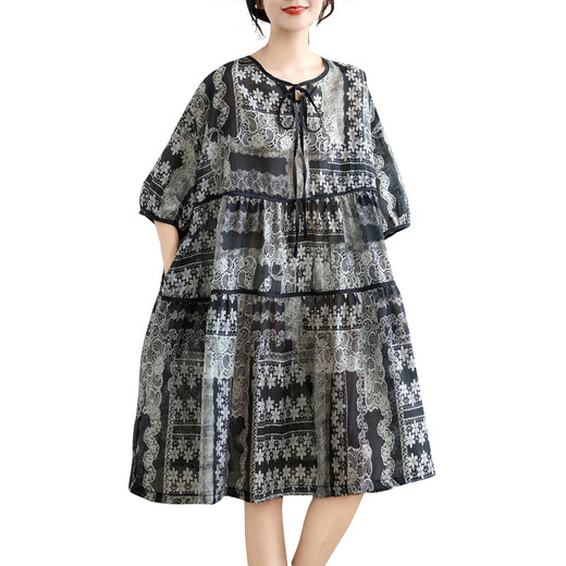 Jiandang large size women's fat MM summer printed neckline tether loose to cover the belly 200 Jin [Jin equals 0.5 kg] Slimming dress 6190 Black 2XL [165-190 Jin [Jin equals 0.5 kg]]