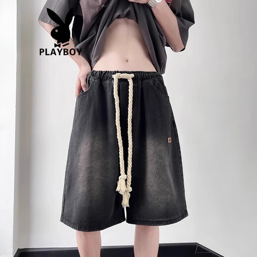 花花公子（PLAYBOY）黄泥色牛仔短裤男士夏季休闲中裤潮牌美式高街直筒五分裤 9923黄泥色 S 【90-110斤】