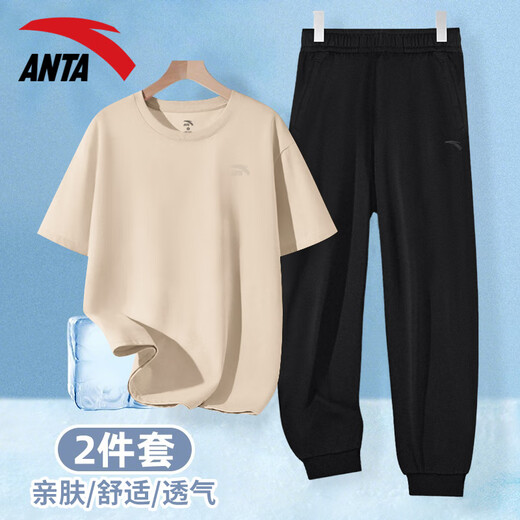 Anta Casual Sports Set para mujeres 2025 Summer Nuevo algodón de algodón Camiseta de manga corta pantalones Sportswear suelto set [set] -5 yocao verde m/165