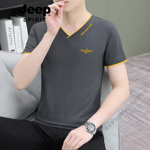 Jeep Spirit High Quality Thin Blanc Men pour hommes V pour hommes en V Corme courte à manches courtes Shirt Base Youth Top Summer Nouveau coton pur T-shirt noir Q694 Garde courte 3xl
