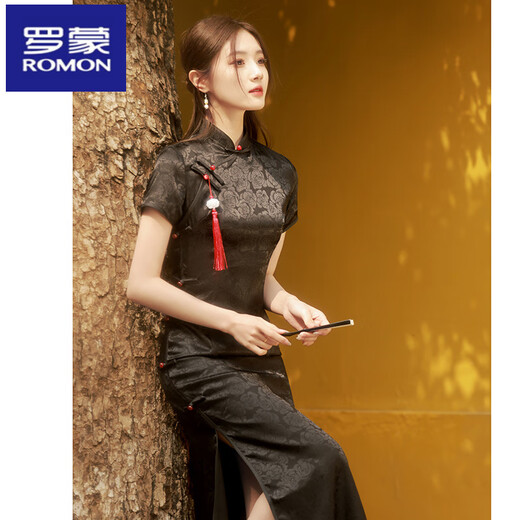 ROMON black cheongsam new style 2025 improved young style high-end temperament female sense summer slim new Chinese style long style XSG3294 pink dress length 120 cm 2XL