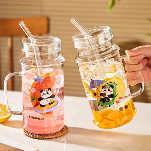 美杜高颜值玻璃杯吸管杯1050ml大容量夏季冷饮水杯咖啡杯果汁杯牛奶杯 熊猫吸管玻璃杯【1050ml】
