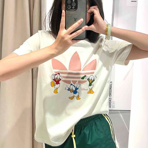 阿迪达斯 （adidas）短袖T恤女装2025夏季新款三叶草运动服针织透气短款上衣半袖 纯棉JP1428白色 迪士尼联名 M 推荐120-130斤