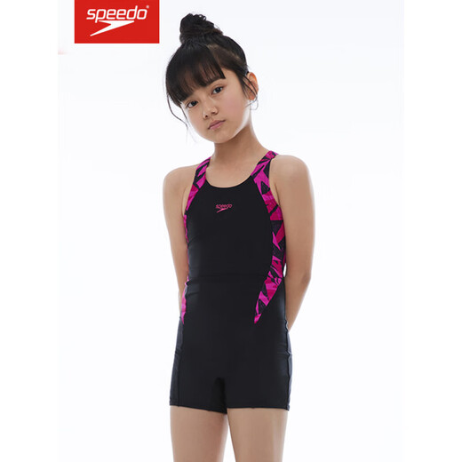 速比涛（Speedo）儿童平角泳衣舒适抗氯防晒女孩训练比赛连体游泳衣 黑色/电光粉8-12392G720 130 65(7-8岁)