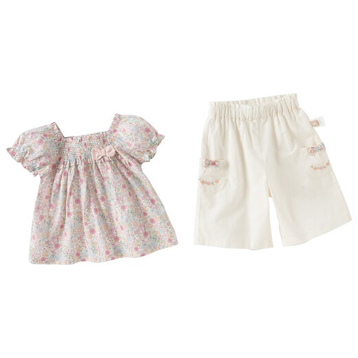戴维贝拉女童七分裤套装夏装儿童上衣两件套宝宝亚麻衣服