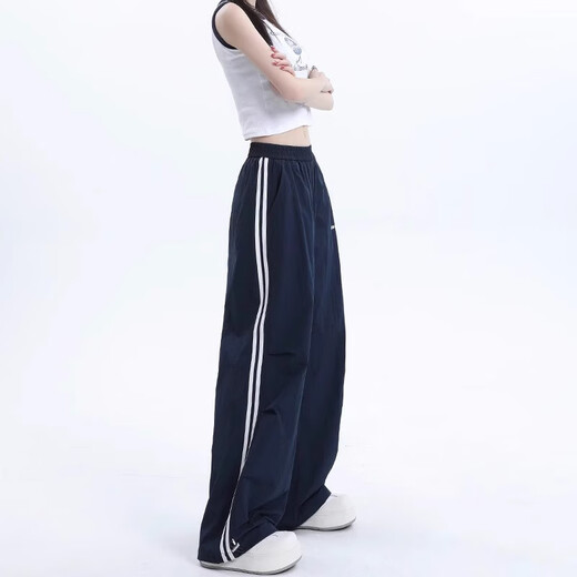 真维斯（Jeanswest）美式条纹运动工装裤女夏季2025新款轻薄速干阔腿休闲裤子 藏青-长裤 S