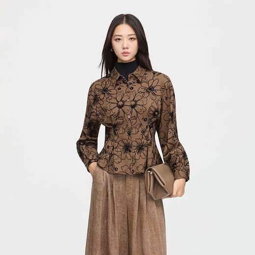 S.DEER women's 25-year new retro lapel embroidered irregular long-sleeved shirt S253Z0503 dark brown red/09 M