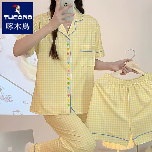 
Woodpecker Creamy Plaid Pajamas Women's Summer Short Sleeve Pure Cotton Three-Piece Set 2025 New Cute Dachshund Dog Student Home Clothing #FS-Three-Piece Set 14137 M [75-95Jin[Jin equals 0.5 kg]]